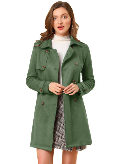 Allegra K- Notched Lapel Double Breasted Faux Suede Trenchcoat