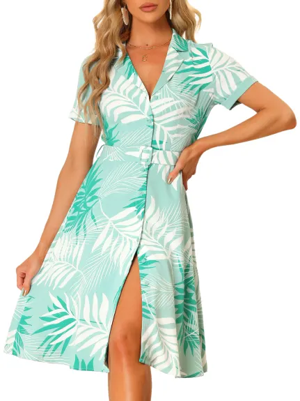 Allegra K- Tropical Print Short Sleeve V Neck Belted Shirt Dress