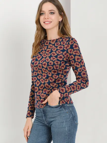 Allegra K- Leopard Round Neck Sweatshirt