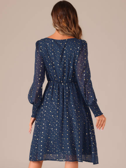 Allegra K - Puff Long Sleeve Gliding Stars Midi Dress