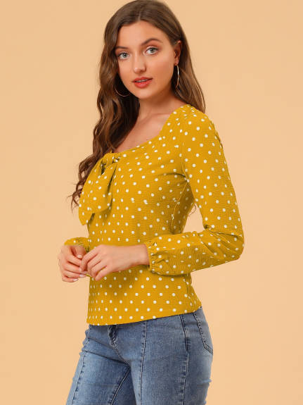 Allegra K- Tie Long Sleeve Polka Dots Blouse