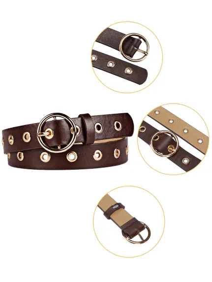 Allegra K- Studded Grommet Circle Metal Buckle Leather Belt