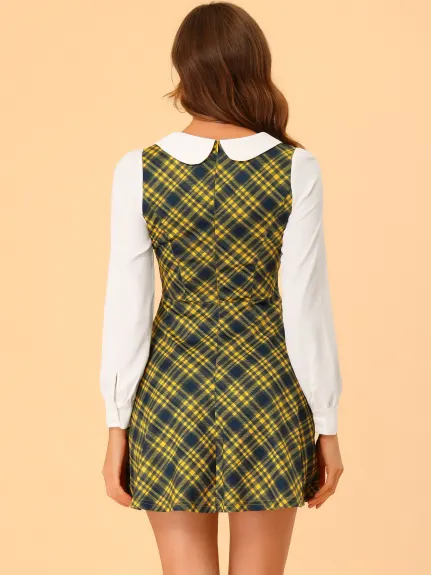 Allegra K- Plaid Peter Pan Collar Mini robe trapèze à manches longues