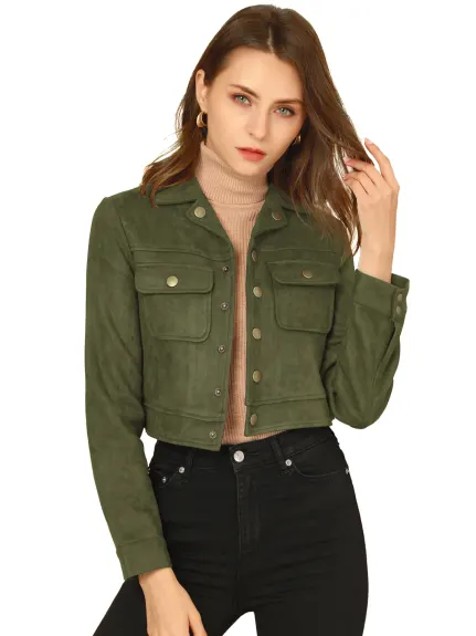 Allegra K- Faux Suede Notched Collar Button Up Cropped Jacket