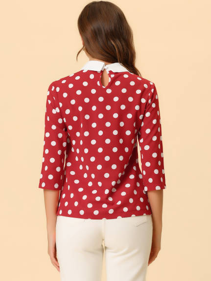 Allegra K- Dots Contrast Peter Pan Collar 3/4 Sleeve Top