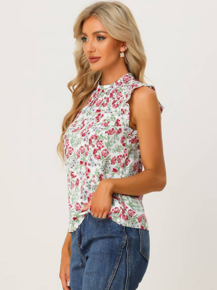 Allegra K - Casual Stand Collar Sleeveless Summer Floral Top