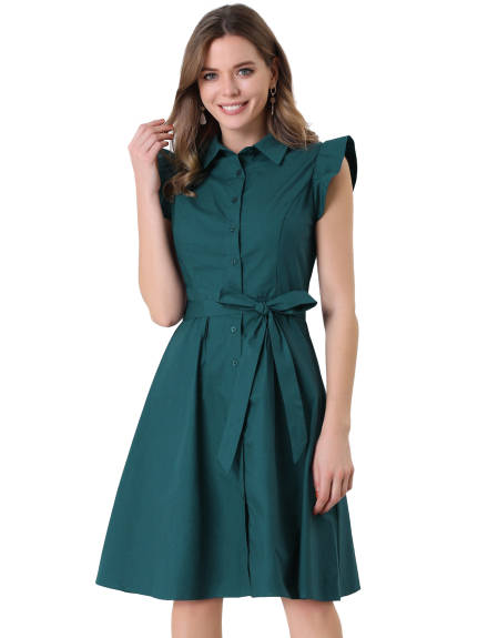 Allegra K- Cotton Shirtdress Ruffled Sleeve Tie Waist Button Dress