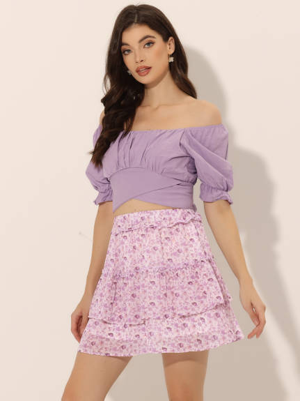 Allegra K- Layered Ruffle Elastic Waist Floral Mini Skirt