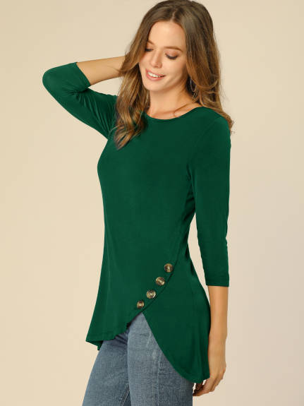 Allegra K- 3/4 Sleeve Tunic Asymmetry Button Top