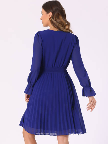 Allegra K - Smocked Long Sleeve Pleated Midi Dress