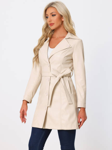 Allegra K - Notched Lapel Collar Faux Leather Long Jacket