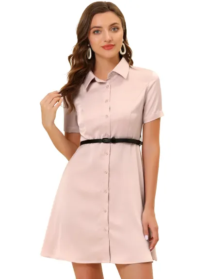 Allegra K- Satin Short Sleeve Button Down Belted Shirt Dress