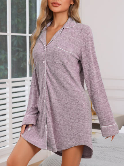 Cheibear - Knit Button Up Long Sleeves Nightgown