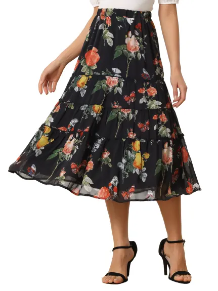 Allegra K- Floral Tiered A-Line Long Chiffon Skirt