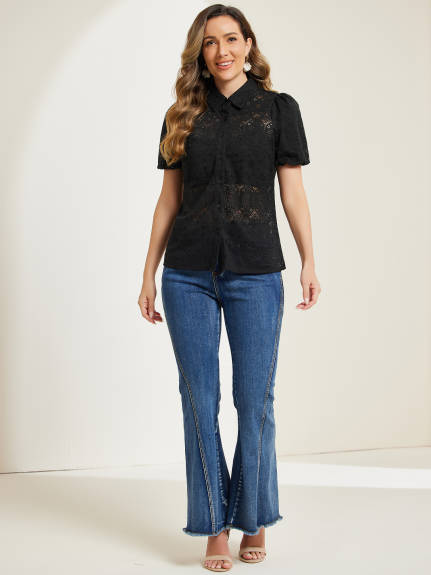 Allegra K- Boho Button Down Lace Blouse