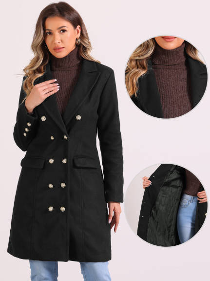 Allegra K - Notched Lapel Double Breasted Long Pea Coat