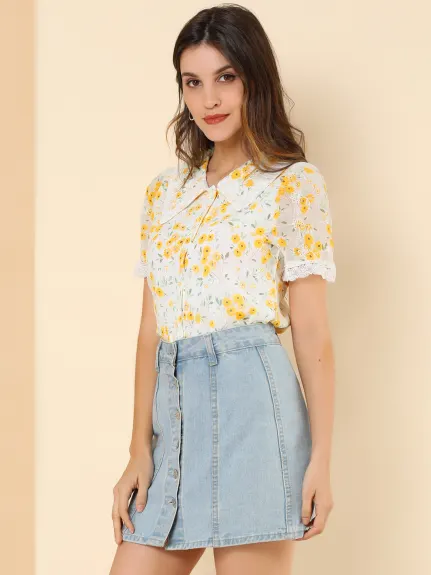 Allegra K - Peter Pan Collar Floral Embroidered Blouse