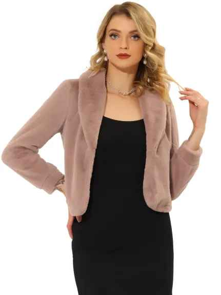 Allegra K- veste courte revers manches longues fausse fourrure manteau moelleux