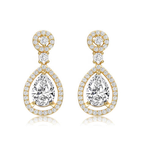 Genevive Sterling Silver with 14K Gold Plated Clear Cubic Zirconia Pear Drop Earrings