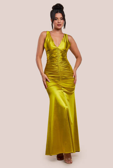 Goddiva - Multi Tied Satin Gathered Ring Maxi Dress