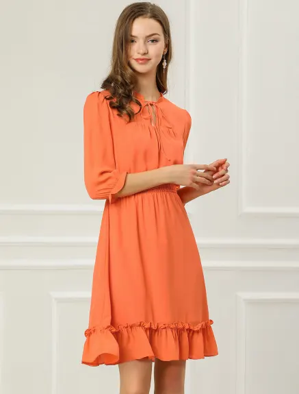 Allegra K- Layered Ruffle Hem 3/4 Sleeve Smocked Chiffon Dress