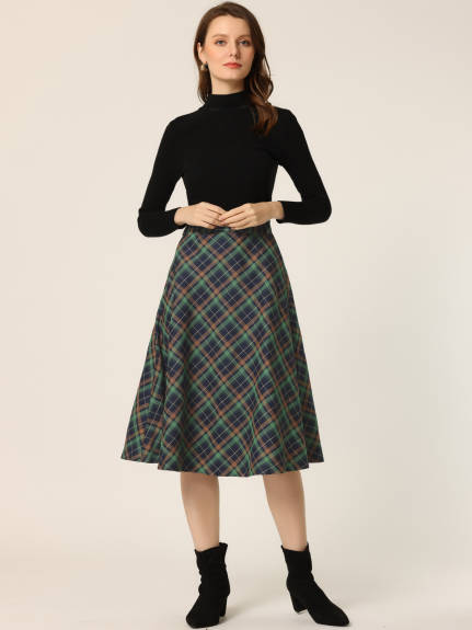 Allegra K- Plaid Tartan Belted A-Line Midi Skirt