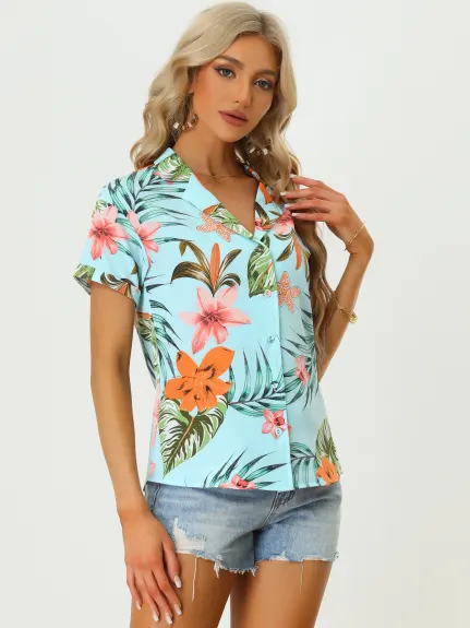 Allegra K - Chemise boutonnée à feuilles florales tropicales de plage