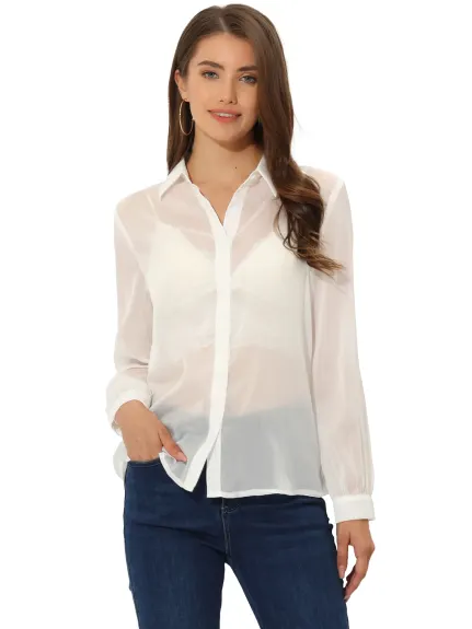 Allegra K- chemise bouton Up voir à travers maille