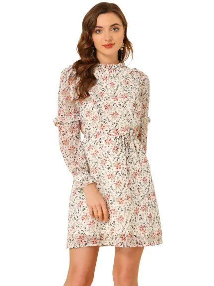 Allegra K- Floral Tie Waist Ruffle Sleeve Chiffon Dress