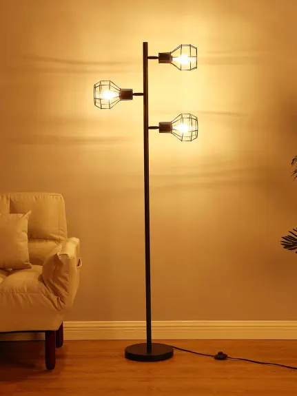 Robin Led Industrial Tree Floor Lamp With Metal Cage Shades