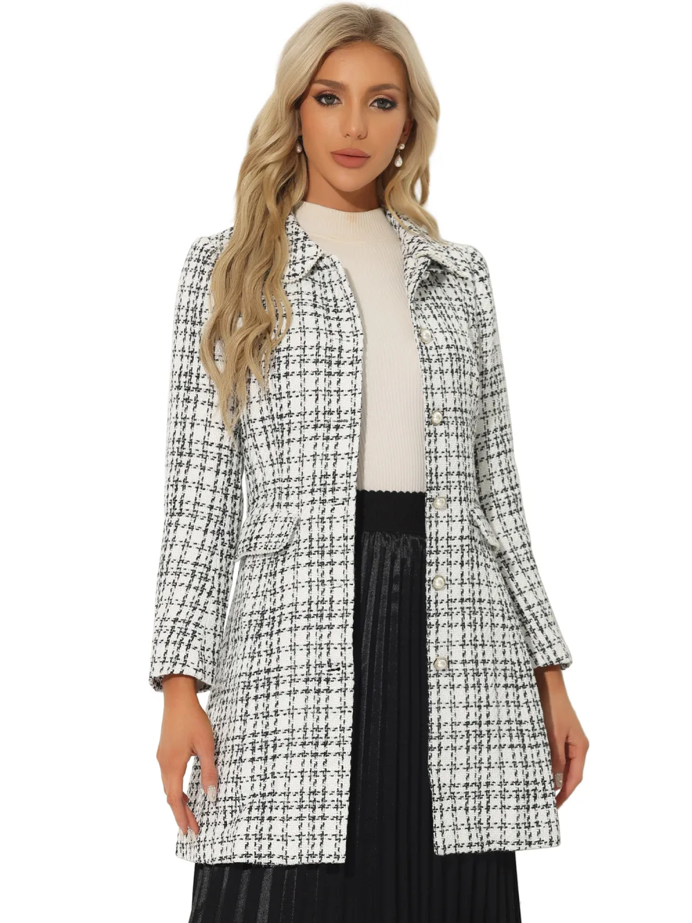 Allegra K - Manteau en tweed à carreaux et col claudine