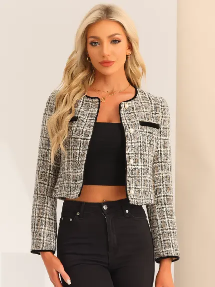 Allegra K- veste courte à carreaux en Tweed