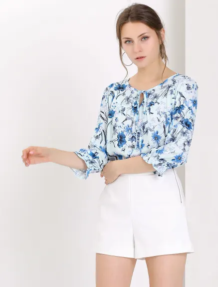 Allegra K- Tie Blouse florale à manches 3/4 et col en V