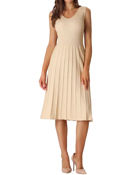 Hobemty- V Neck Knit Pleated Midi Dress