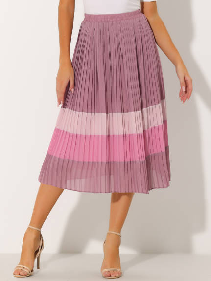 Allegra K- A-Line Color Block Pleated Chiffon Midi Skirt