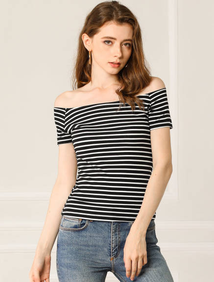 Allegra K- Short Sleeves Off The Shoulder Printed Crop Top