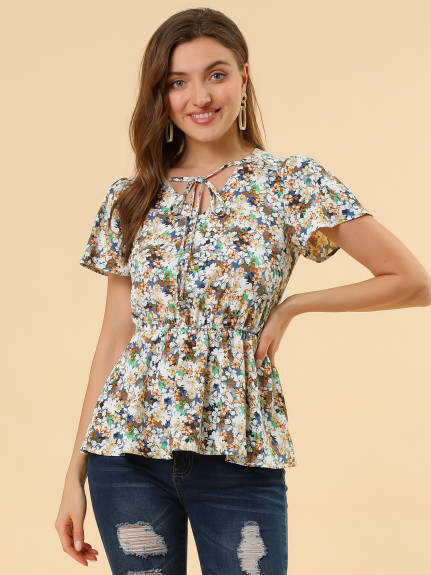 Allegra K - Summer Floral Flutter Sleeves Tie Neck Peplum Top