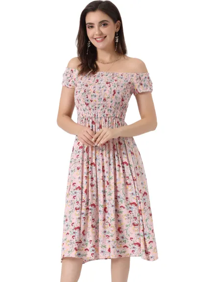 Allegra K- Off Shoulder Floral Smocked Dress
