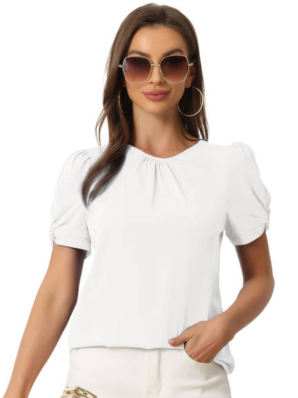 Allegra K- Puff Sleeve Round Pleated Neck Top