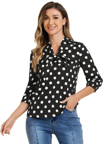 Allegra K- Polka Dots Ruffle Shoulder Bow Tie Neck Blouse