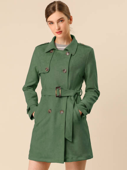 Allegra K- Notched Lapel Double Breasted Faux Suede Trenchcoat