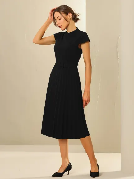 Hobemty- Mock Neck Belted A-Line Pleated Dress