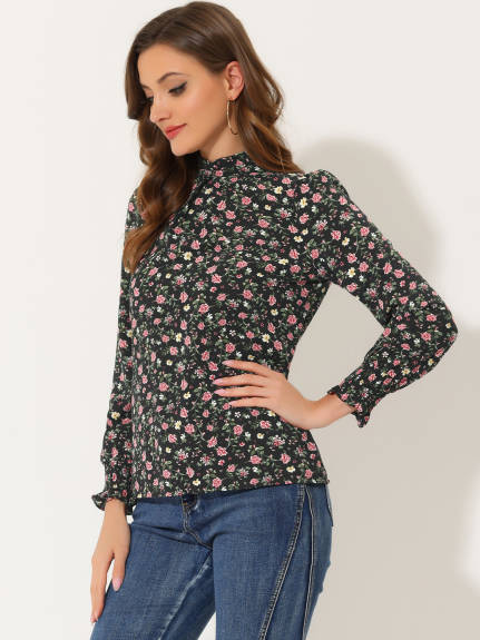 Allegra K- Mock Neck Smocked Long Sleeve Printed Blouse