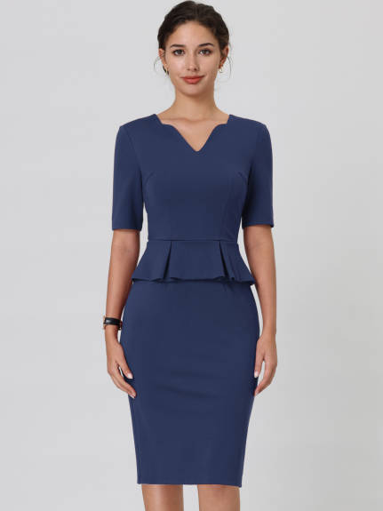 Hobemty- V Neck Peplum Pencil Sheath Dress