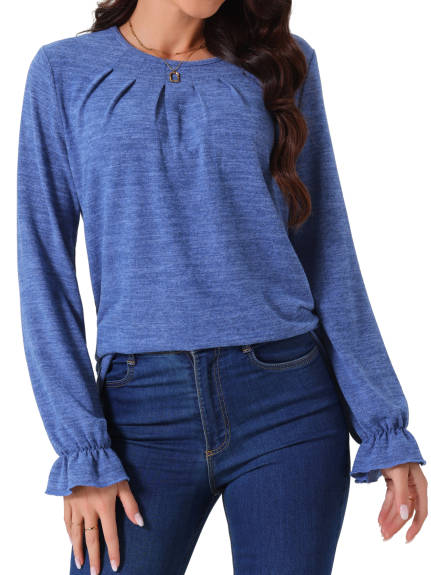 INSPIRE CHIC - Crew Neck Smocked Cuff Long Sleeve Blouse