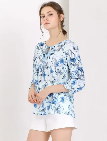 Allegra K- Tie Blouse florale à manches 3/4 et col en V