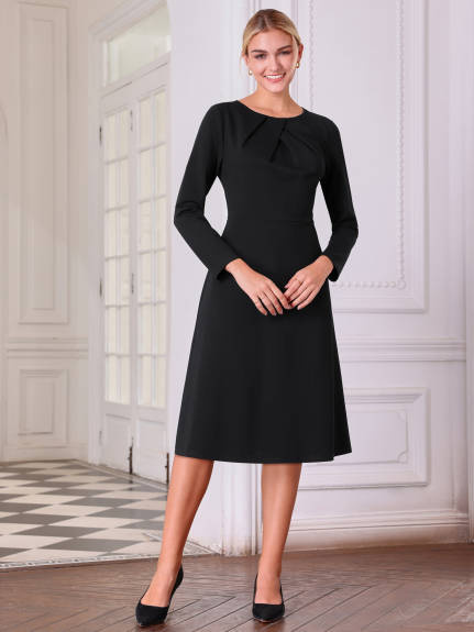 Hobemty - Pleated Neck Long Sleeve Midi Dress