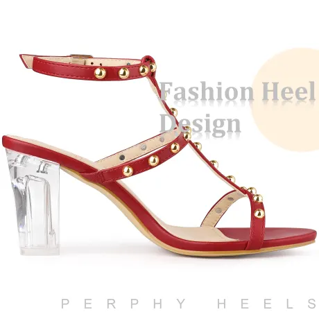 Allegra K- Rivets T-Strap Slingback Clear Heels Sandals