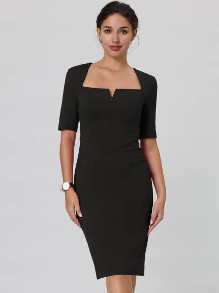 Hobemty- Square Neck Zip Up Short Sleeve Sheath Pencil Dress