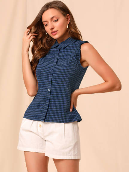 Allegra K- Bow Tie Neck Sleeveless Gingham Shirt Blouse